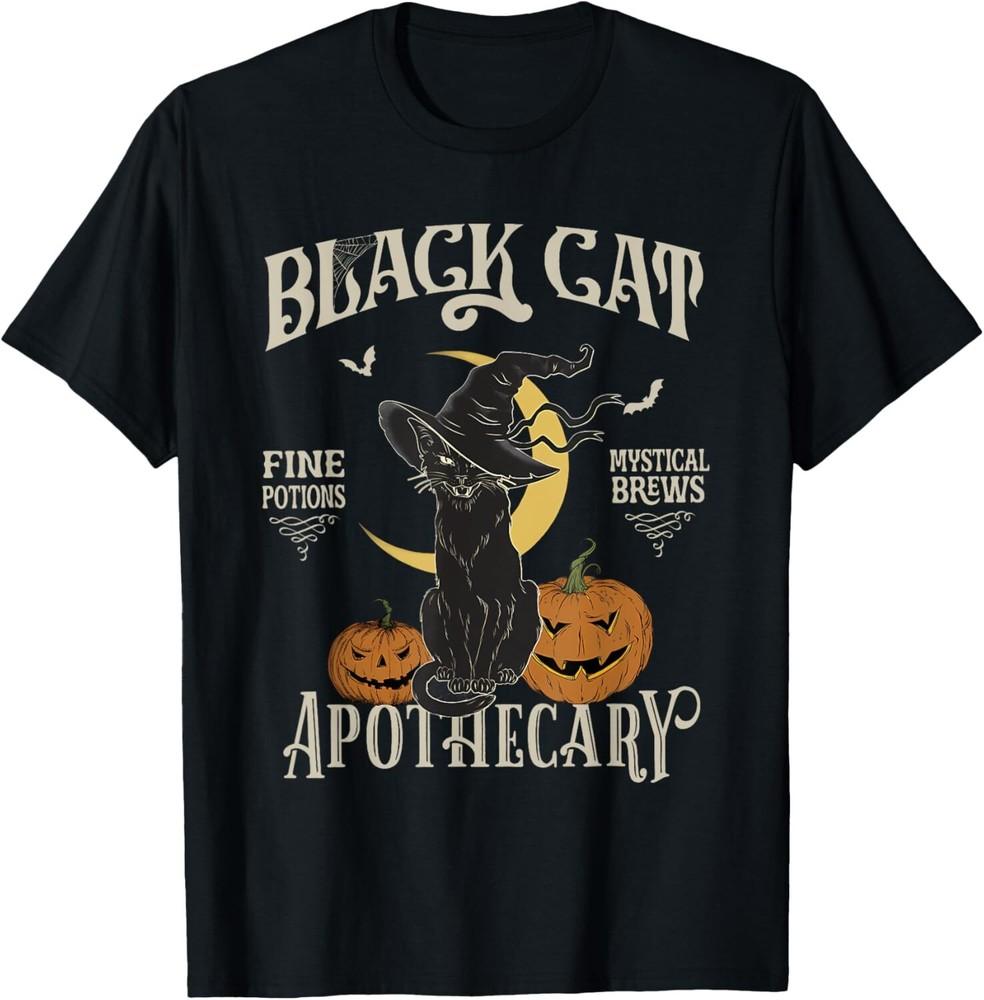 

Retro Scary Halloween Costume Black Cat Salem Apothecary T-Shirt Tops Tee 2XL