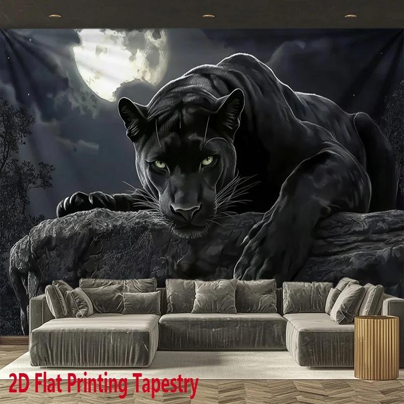 Black Panther Canvas Tapestry Moonlit Forest Glowing Eyes Polyester Wall Hanging For Home Living Room Bedroom Office Decor