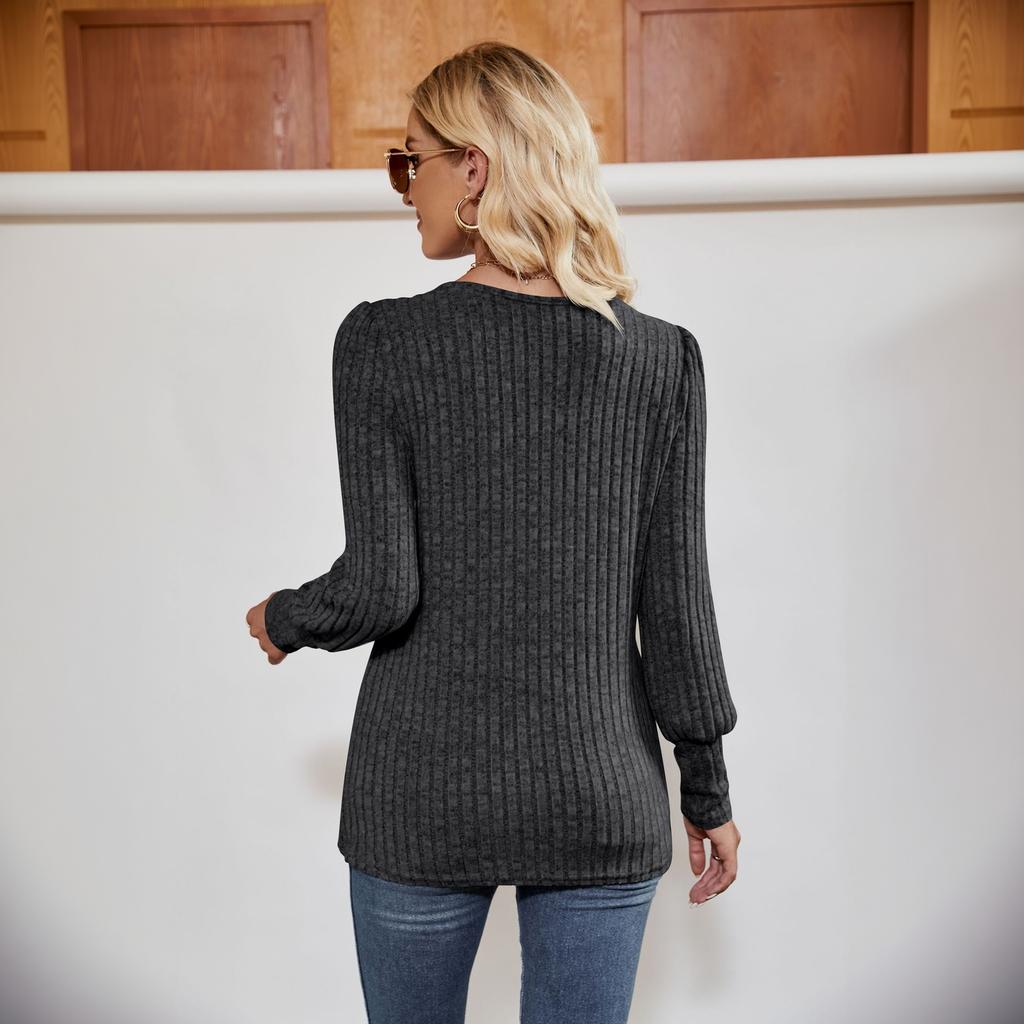 Damen geripptes quadratischer Ausschnitt Puffärmel Pullover-T-Shirt mit Schlitz, Langarm Freizeit-Oberteil