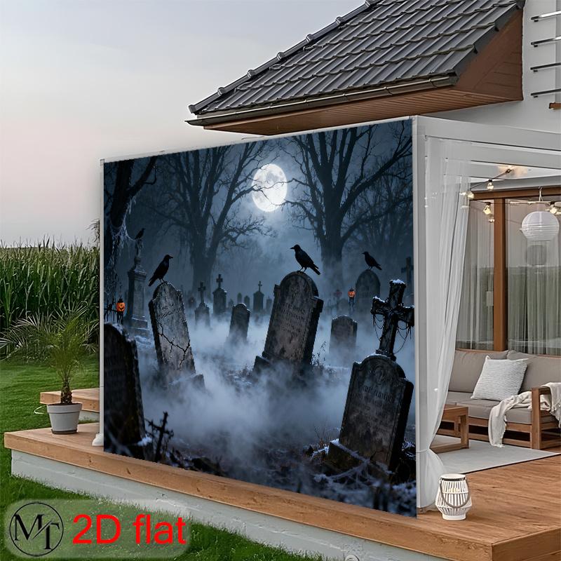 2D flat banners In the cemetery at night numerous tombstones stand in rows and there is a full moon in the sky.PMJ