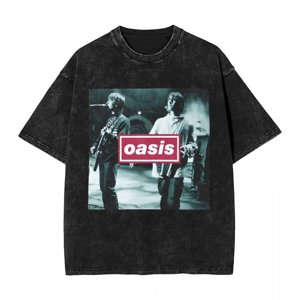 Men OASIS Live Tour Vintage Oversized Washed T-Shirts Summer Cotton Short Sleeve Definitely Maybe Rock Band Albums Streetwear Tees