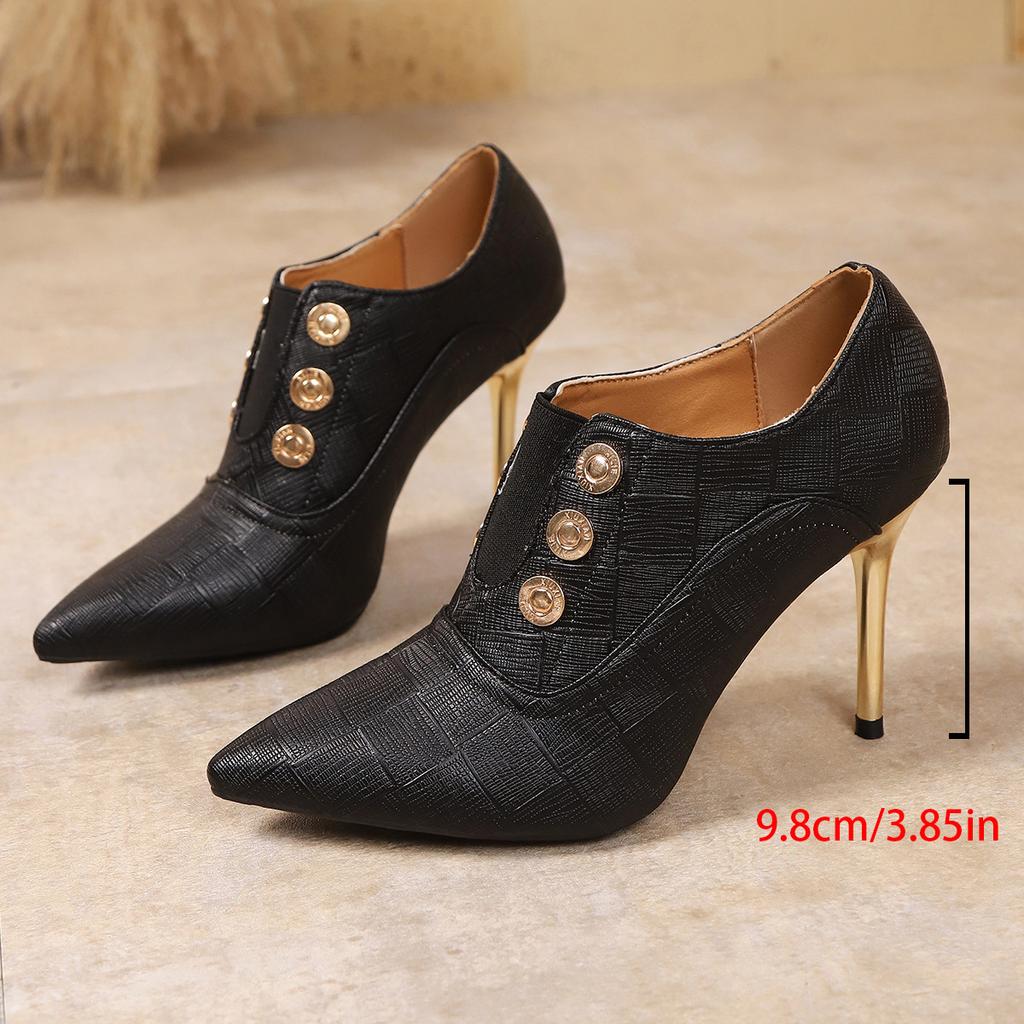 Fashion Luxury Gold Metal Decor Ankle Boots Women 2025 Autumn New Sexy Pointed Toe High Heel Booties Slip On Thin Soled Pumps Elegant