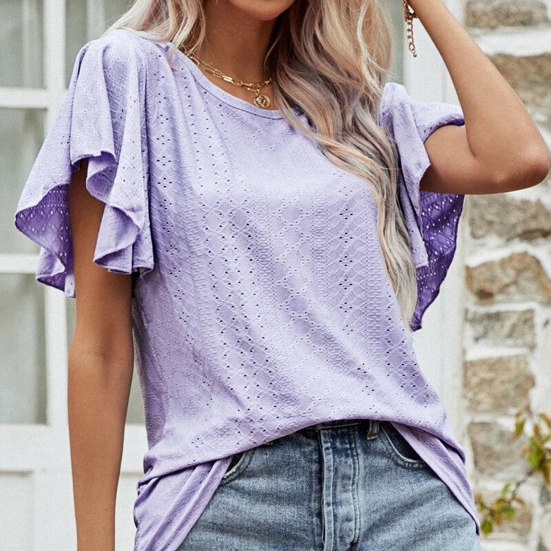 Butterfly Sleeve Loose Women T-Shirt 2023 Summer Solid Hollow Ruffled Casual Tshirts Woman Fashion Round Neck Tees Tops 25978