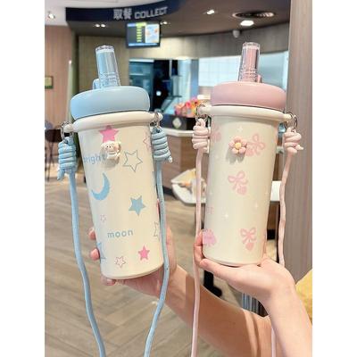 Large-Capacity Thermos Cup for Girls, High-Looking Straw Water Cup, 2025 New Model, Student Stainless Steel Portable Coffee Cup