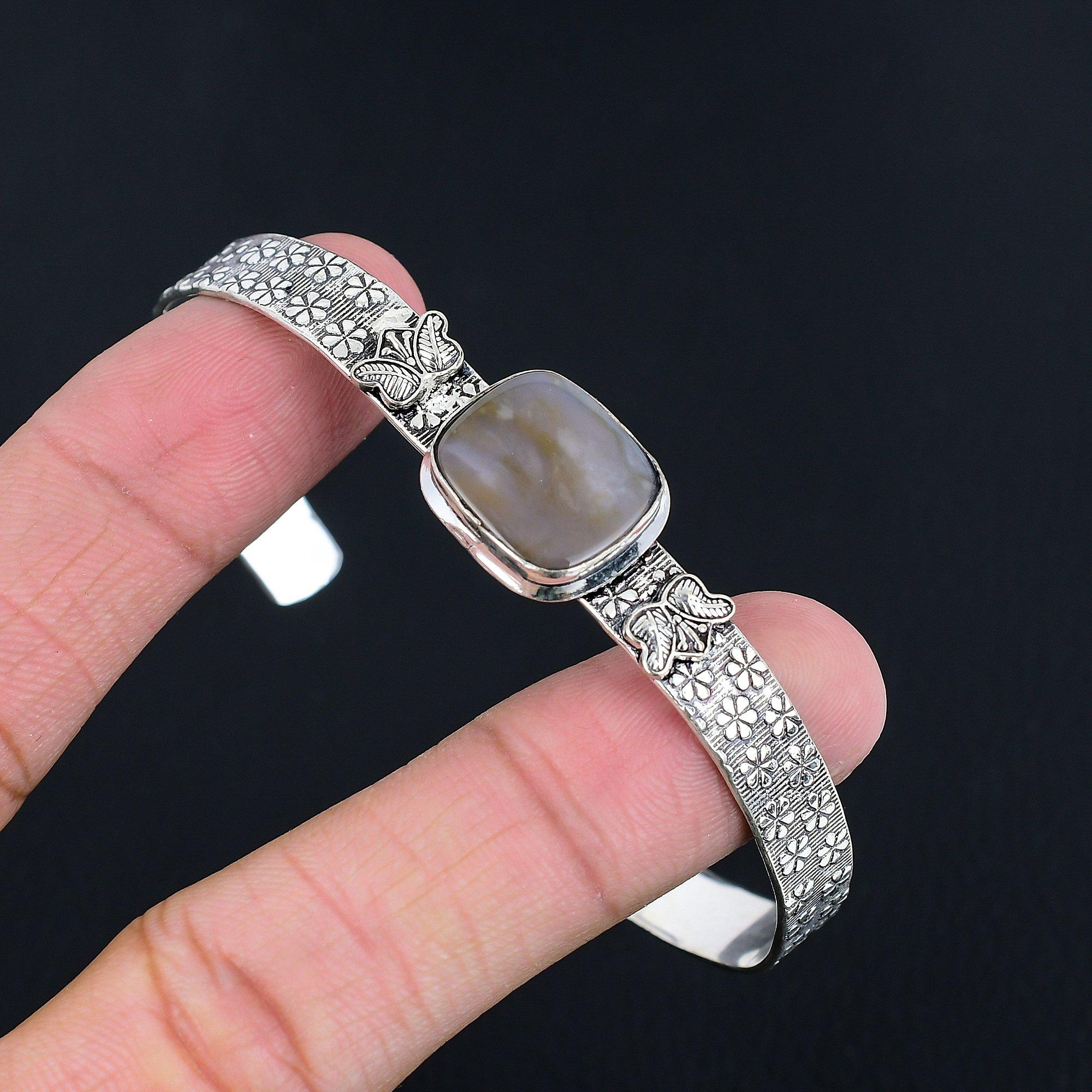 

Natural Tube Agate Gemstone 925 Sterling Silver Bangle Adjustable For Girls Adjustable