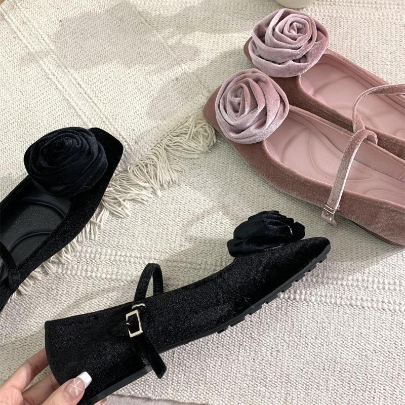 High Quality Velvet Mary Jane Shoes for Women Elegant Flower Decoration Retro Square Toe Daily Casual  Female Shoes