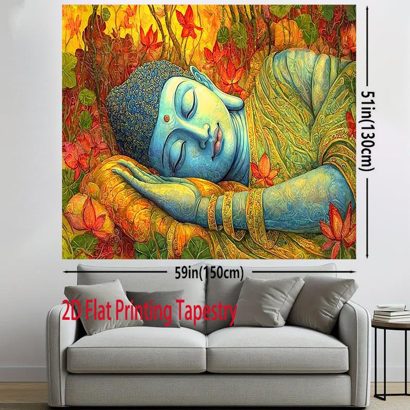 2D Flat, Colorful Sleeping Buddha Lotus Tapestry Wall Hanging For Meditation Yoga Room Decor Spiritual Art Print Home Decoration