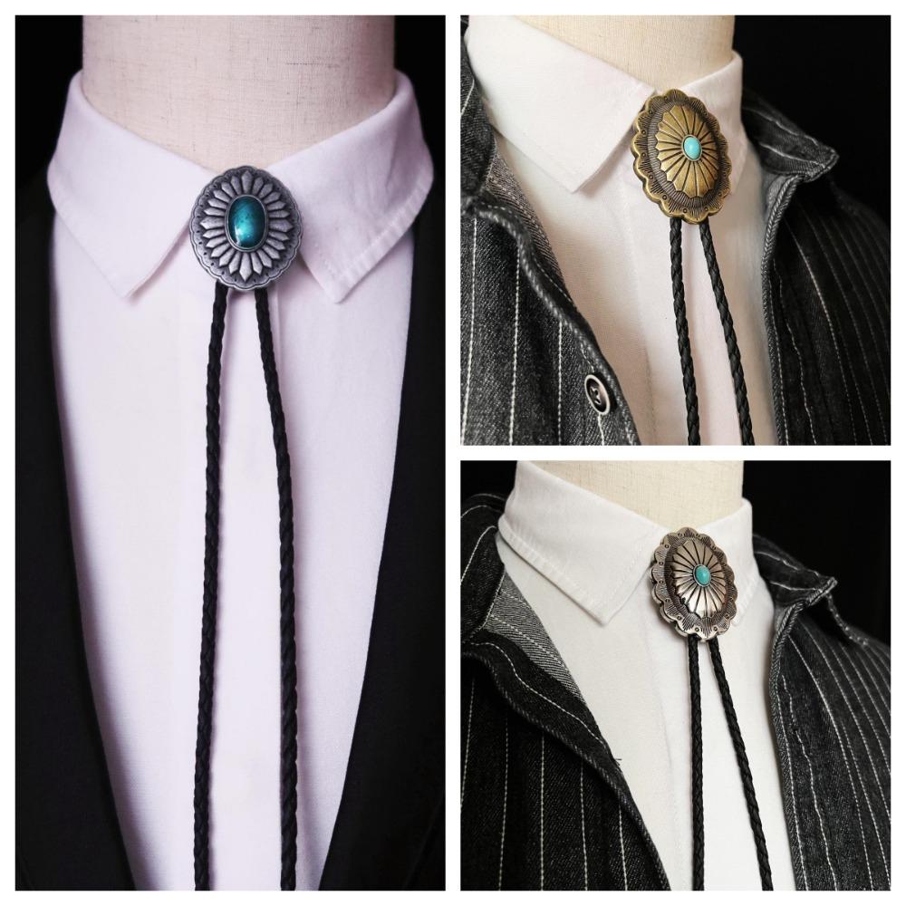 PU Woven Rope Turquoise Bolo Tie Western Country Style Brass Carved Flowers Necktie Gift