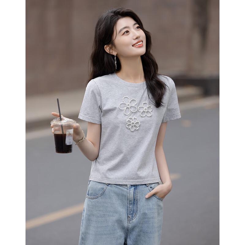 Demana Damen Sommer Perlenblume Kurzarm T-Shirt
