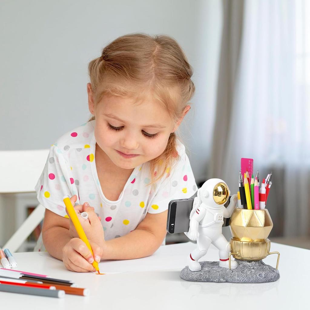 Astronaut Pen Pencil Holder with Phone Stand Resin Spaceman Pencil Holder Desk Pen Holder Organizer Decorative Accessories Suitable Office Classroom