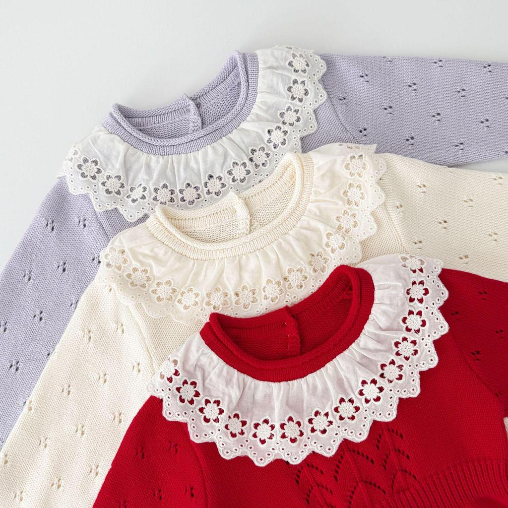 Baumwoll-Spitzenbesatz Strick-Body für Babymädchen mit Rüschenkragen