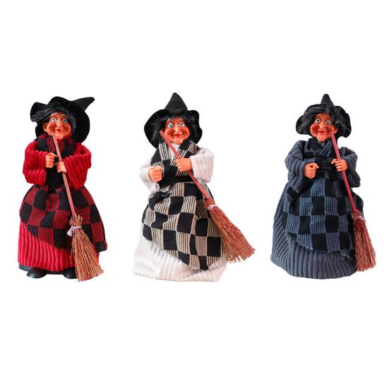 Halloween Witch Doll Standing Witch Figure Holding Broomstick Desktop Spooky Witch Figurine for Halloween Party Mantel Dining Table Decor