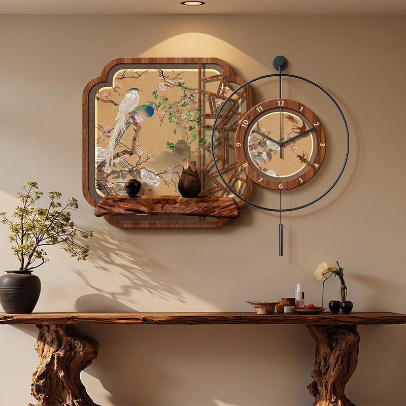 New Chinese Restaurant Decorative Paintings: Flower and Bird Clock Table Background Wall Hanging Art Ancient Style Murals