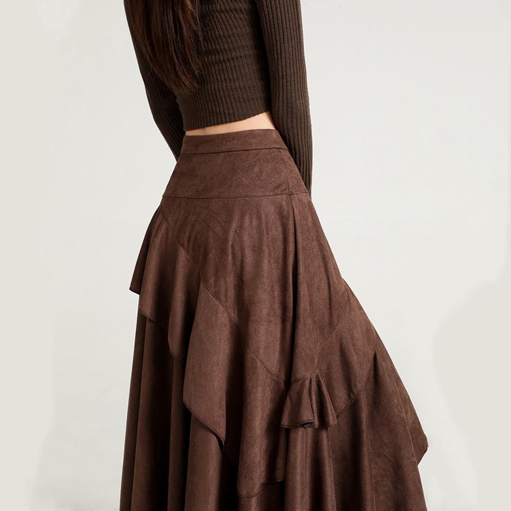 Wildleder-Spitzenrock Damen Hohe Taille Vintage Locker Lang