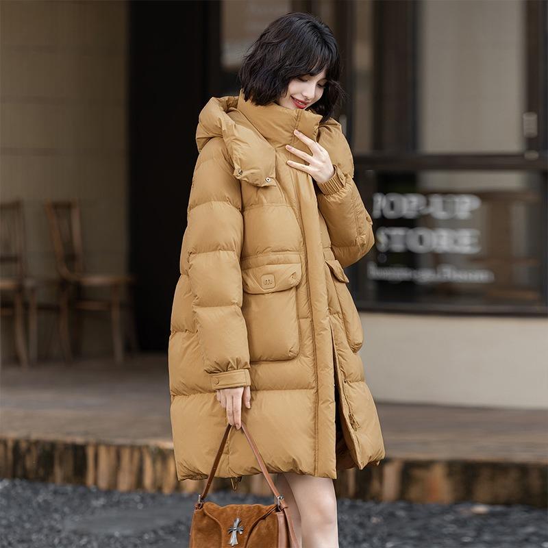 Duck Down Winter New Casual Versatile Warm Down Jacket Women's Medium and Long Hooded Jacket