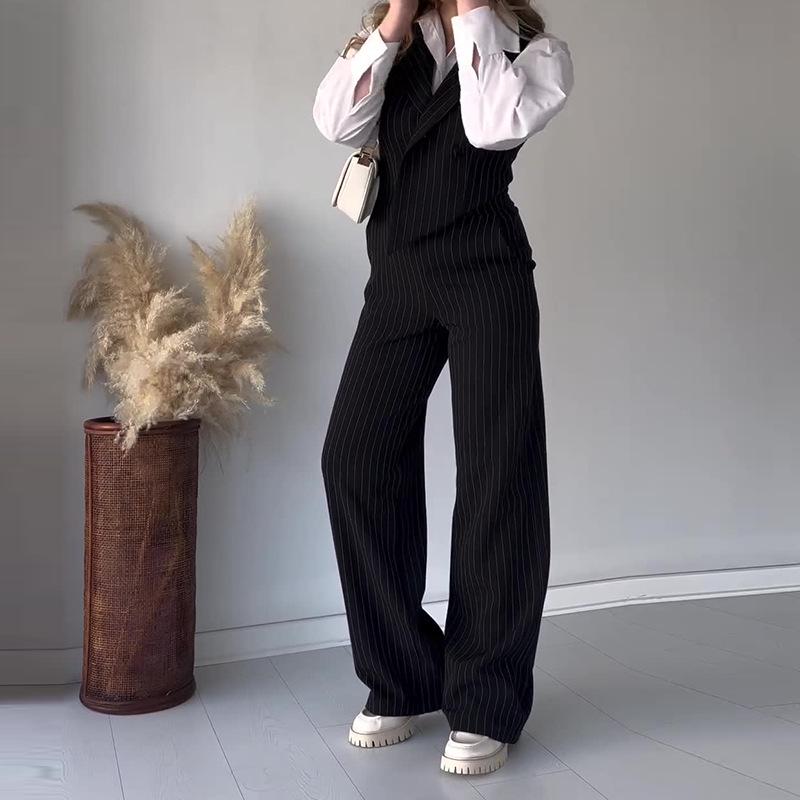 European and American Striped Print Summer Set: Short Vest & Wide-Leg Long Pants for Women, 2024 Collection