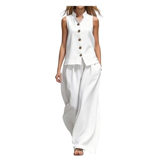 Conjuntos de 2 Peças Femininos Sem Mangas, Conjunto Combinando Casual com Top Regata de Botão e Calça Wide Leg, Roupas para Viagem, Férias e Lounge