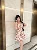 French retro seaside vacation red print floral dress waist sweet summer wind super beautiful women's short skirt