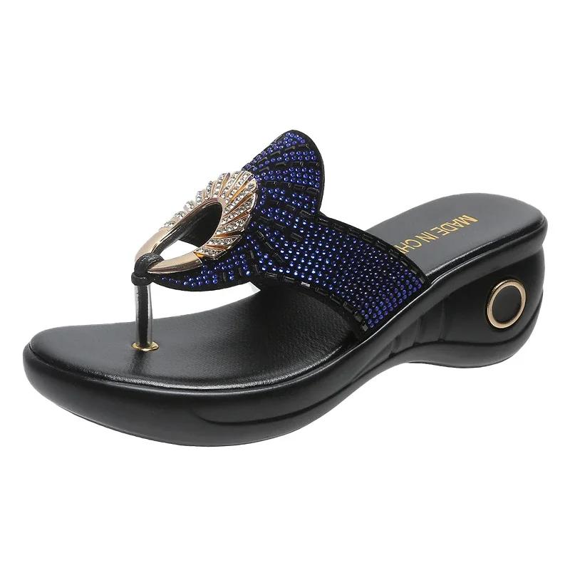 2025Retro Ladies  Summer New Platform Wedge Rhinestones Flip-flops Sandals Fashion Comfy High Thick Heel