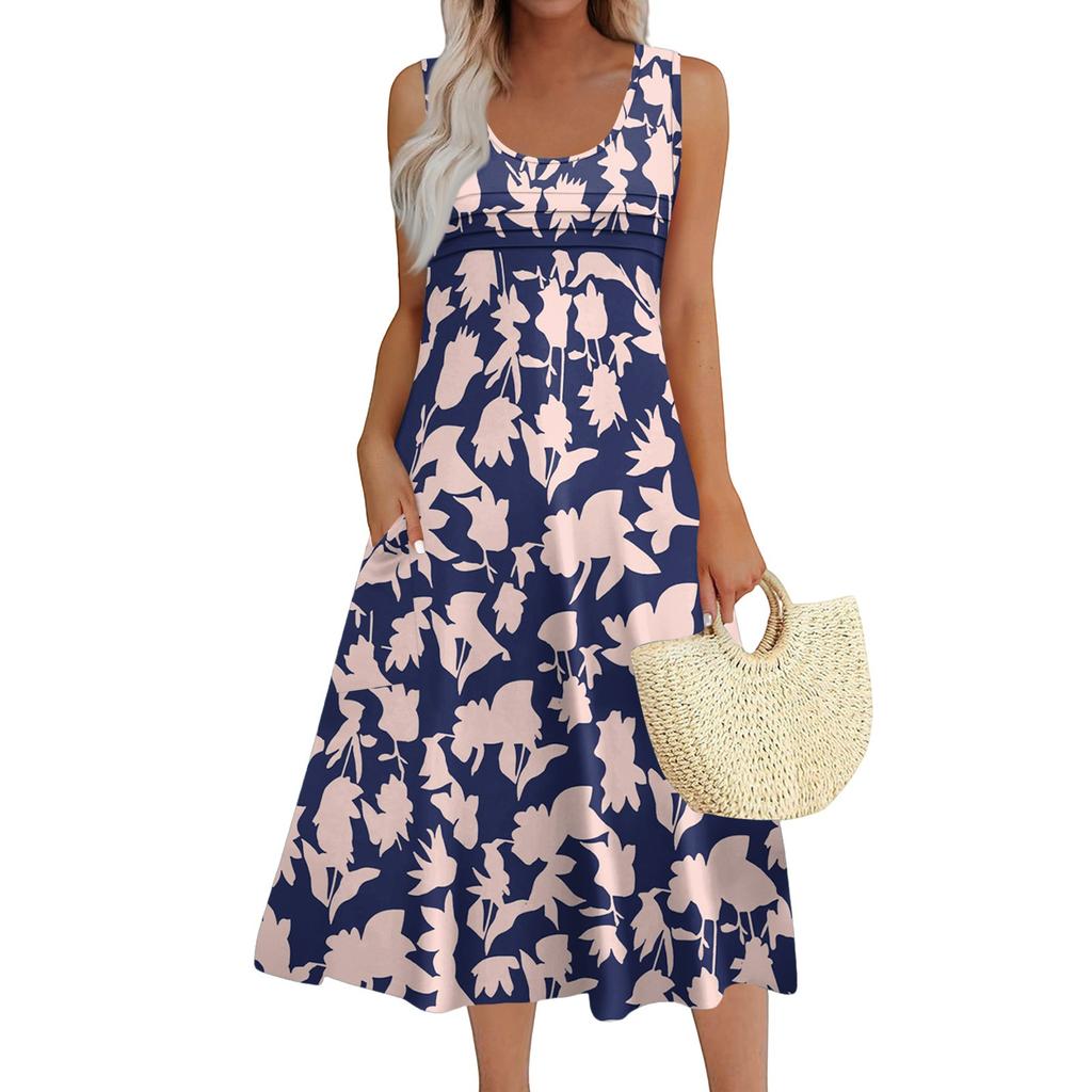 Women's Fashion Round Neck Sleeveless Pleated Beach Dress With Pockets Long Floral Dresses
