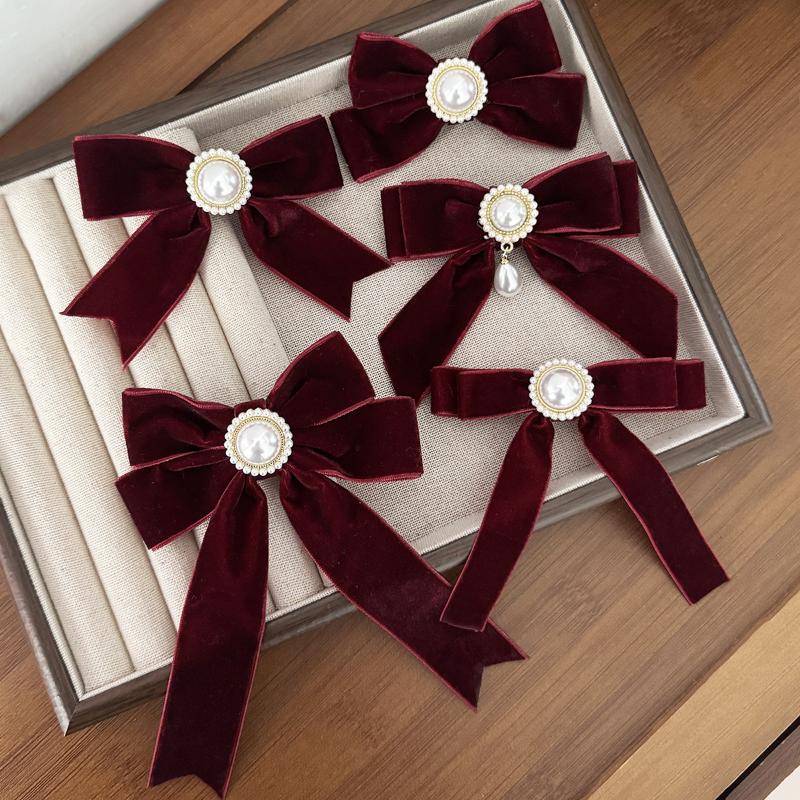 Retro Imitation Pearl Velvet Bow Hair Clip for Women Elegant Back-of-the-Head Hairpin for Banquets And Parties