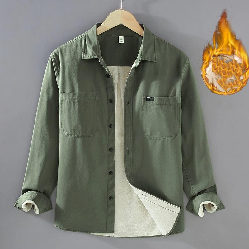 

Зимние теплые рубашки для мужчин в японском стиле, карго, с длинным рукавом, мужская утолщенная повседневная верхняя одежда, флисовая куртка с двойным карманом XXXL темно-зеленого