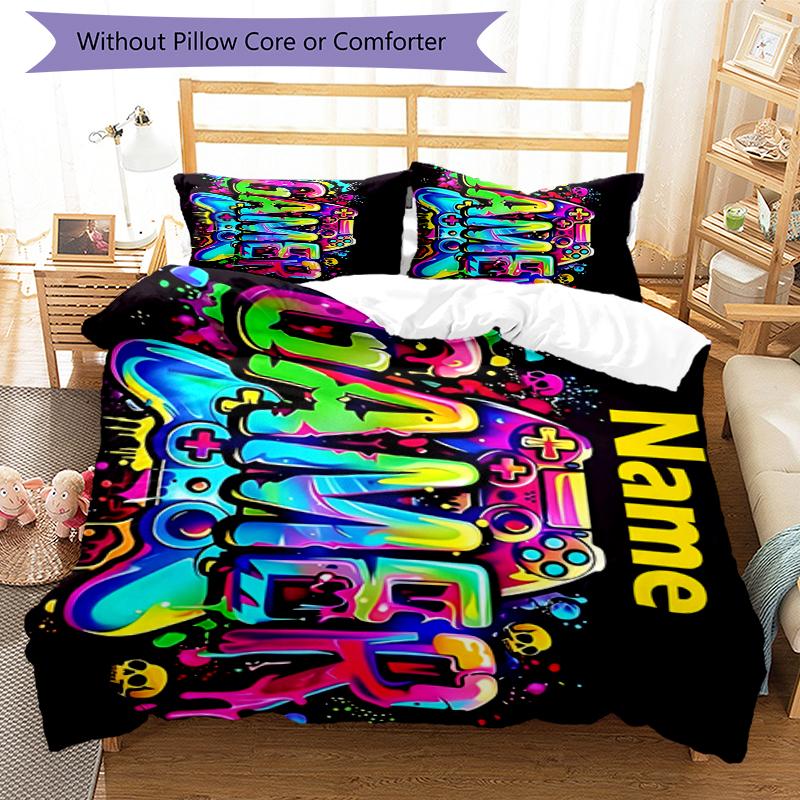 3pcs Custom Name Game Controller Bedding Set Duvet Cover Closure Includes 1 Duvet Cover & 2 Pillowcases, Soft and Comfortable for All Seasons.