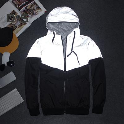 Men Autumn Windbreaker Hooded Drawstring Long Sleeve Reflective Color-Blocked Jacket Coat Zipper Placket Pockets Street Style Outwear