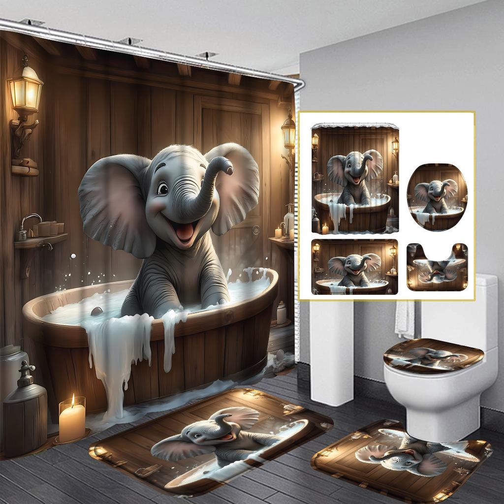 4Pcs Bathroom Shower Curtain Set Cute Elephant Pattern Bathroom Curtain With 12 Hooks Non Slip Rugs Toilet Cover Mat Bathroom Partition