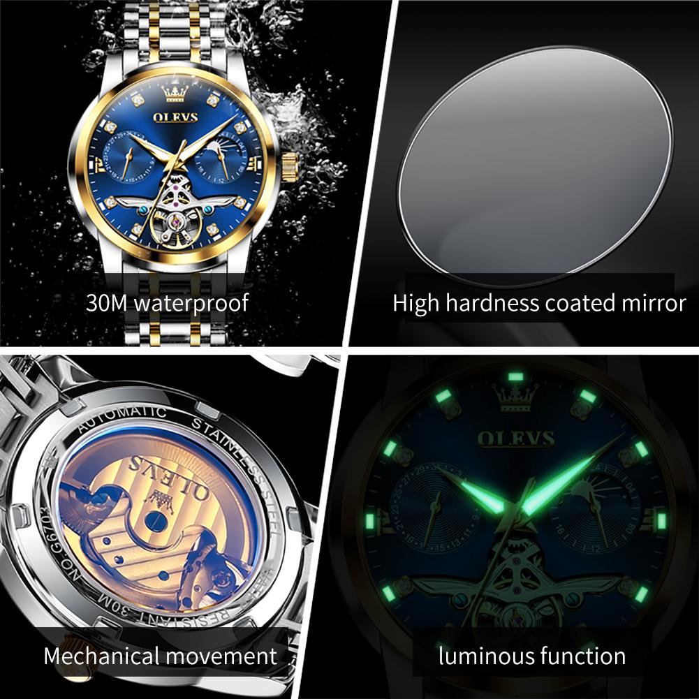 OLEVS Men's Watches Top Brand Luxury Fashion Original Automatic Mechanical Wristwatch Hollow Out Flywheel Movement Moon Phase