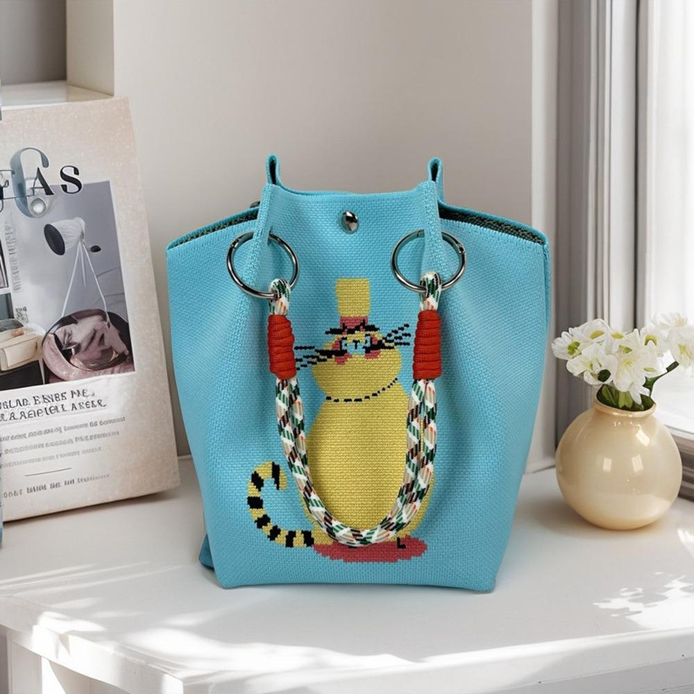 Модная Вязаная Сумка-Ведро с Мультяшным Рисунком, Большая Вместимость, Ручная Работа, Сумка на Запястье, Плетеная Сумка с Пряжкой-Кольцом для Женщин и Девушек