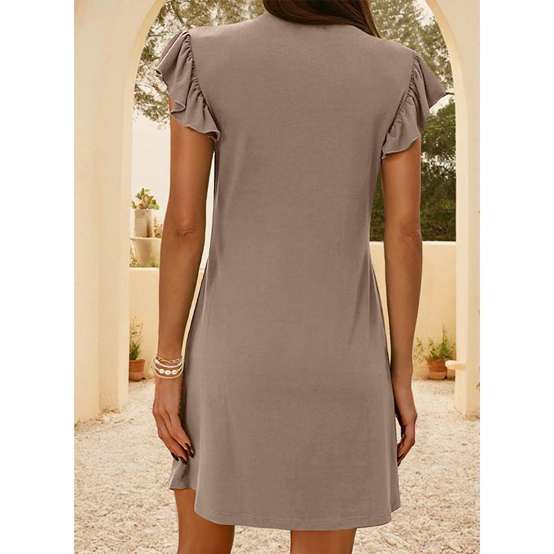 Women's Deep V-Neck Smocked Tank Dress Ruffle Sleeve Loose Fit Beach Vacation Summer