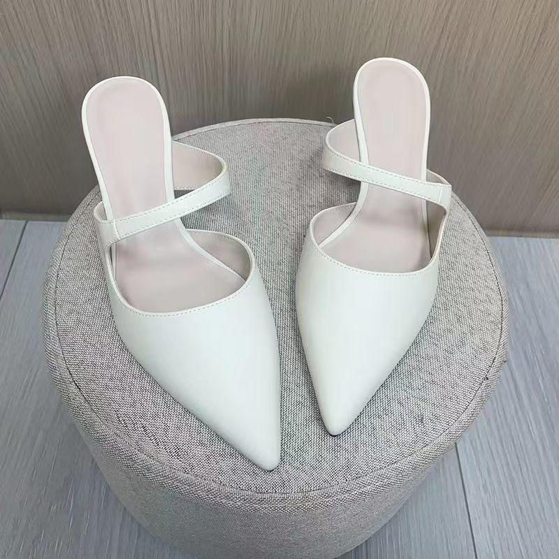 

Туфли-полубосоножки на высоком каблуке, женские сандалии, новая модная универсальная обувь-мюли с острым носком, женские уличные туфли с закрытым носком 41 белый