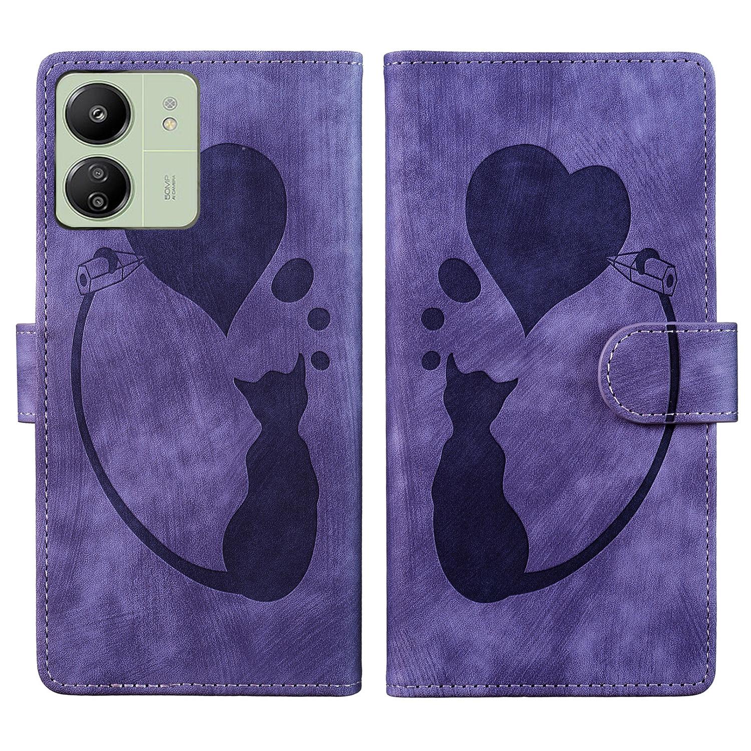 

For Xiaomi Redmi 13C 4G/5G/13R 5G/Poco M6 5G/Poco C65 4G Case Cute Cat Imprint PU Leather Wallet Phone Cover Purple