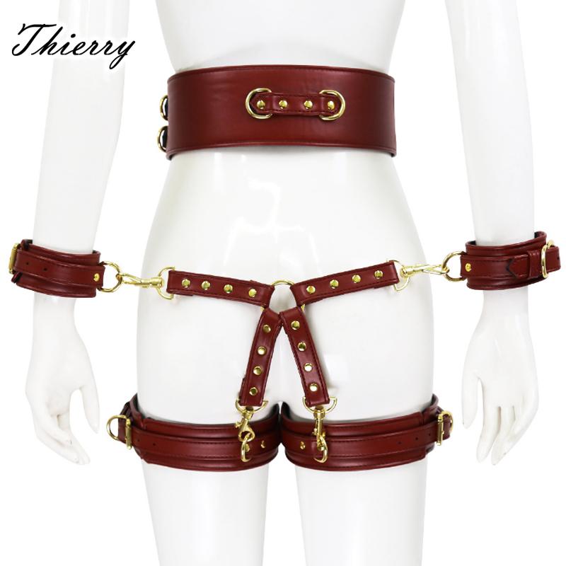 Bundle set includes waist belt, wrist and thigh covers, cross buckle, adult game restraint device, handcuffs, leg covers, and sex toys