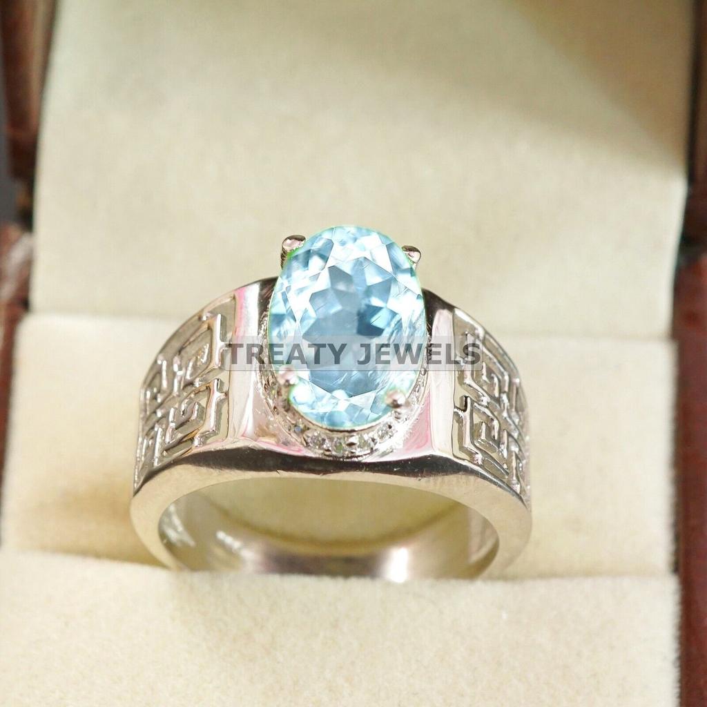 Aquamarine Oval Cut Gemstone With 925 Sterling Silver Ring For Men's #A749 JL375659079154