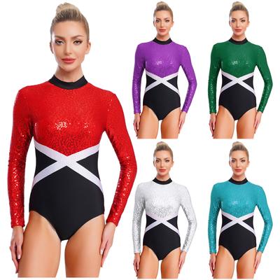 Glänzender Pailletten-Gymnastik-Leotard für Damen, Kontrastfarbe, Langarm, Rücken Ausgeschnitten, Einteiliger Body, Eiskunstlauf-Bekleidung
