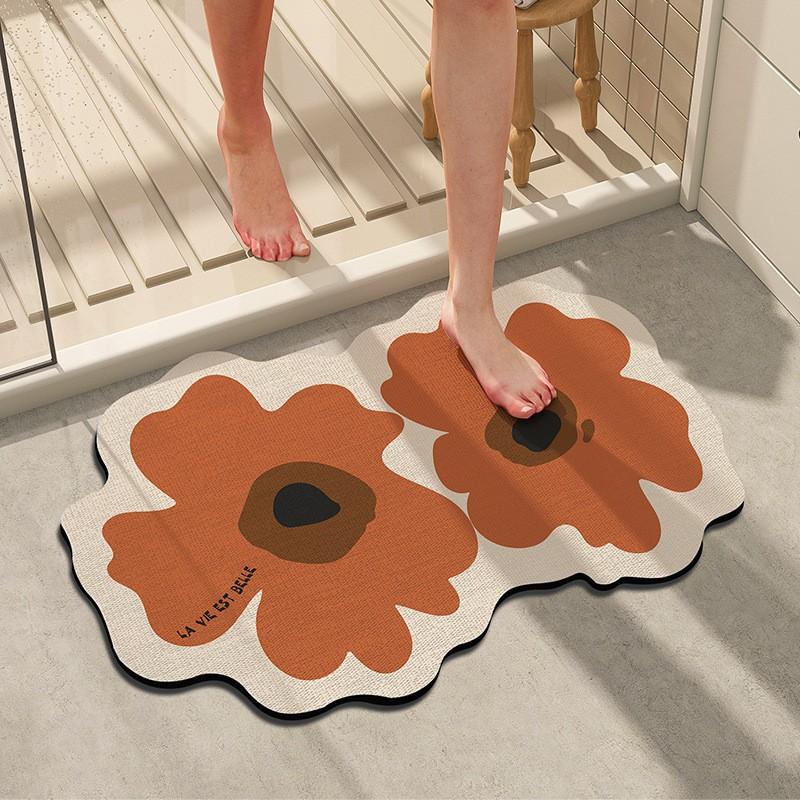 Bathroom Floor Mat Silicone Diatomaceous Mud Absorbent Non-Slip Door Shower Area Modern Floral