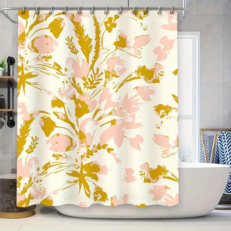Modern Floral Shower Curtain, Bathroom Decor, Pink Yellow Gold Print Fabric, Waterproof Rug, Home Decoration Extra Long