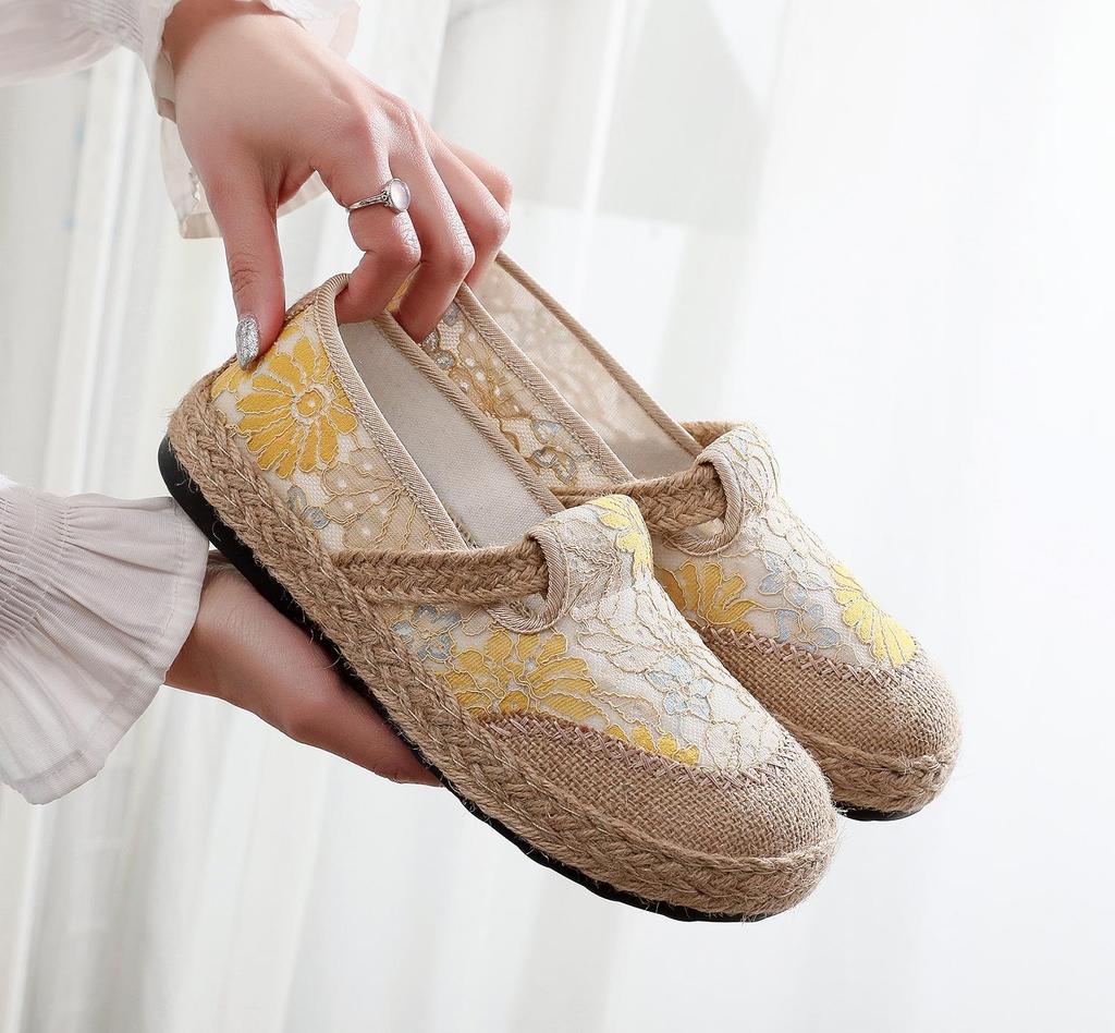 Damskie etniczne lniane buty codzienne - lekkie, antypoślizgowe, oddychające, z miękką podeszwą na wiosnę i jesień