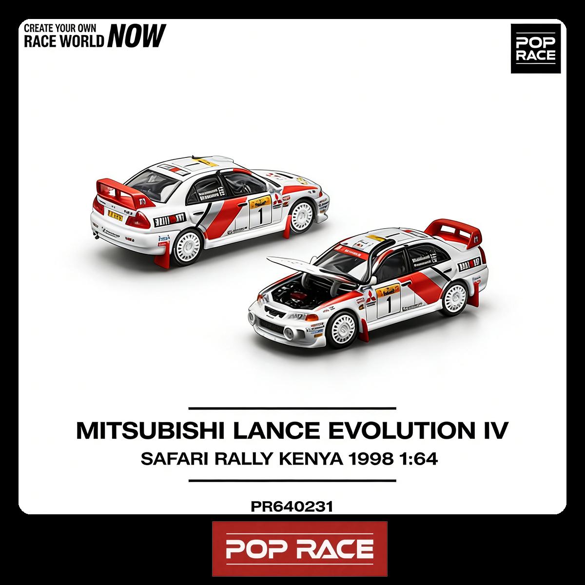 

POP RACE In Stock 1:64 PR640231 Mitsubishi Lancer Evolution IV #1 Safari Rally Kenya 1998 With Openable Hood Diecast Model Car