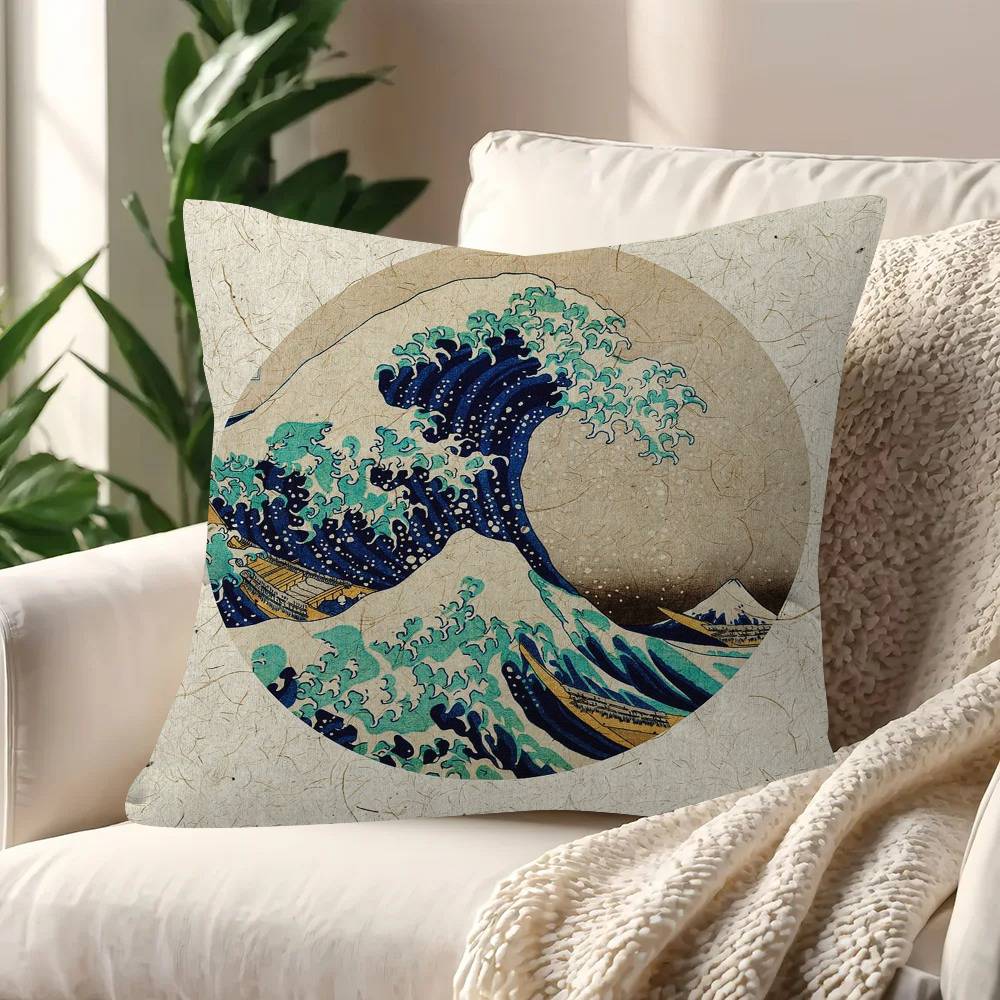 Vintage Hokusai Waves Cushion Cover Inches Farmhouse Decor Home Throw Pillow Covers For Couch Decorations
