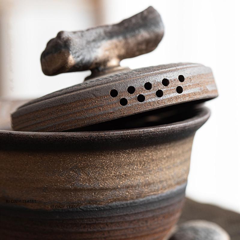 Chinese Rough Pottery Gaiwan Teacup Retro Handmade Ceramic Tea Tureen Household Tea Maker Travel Portable Teaware Accessories