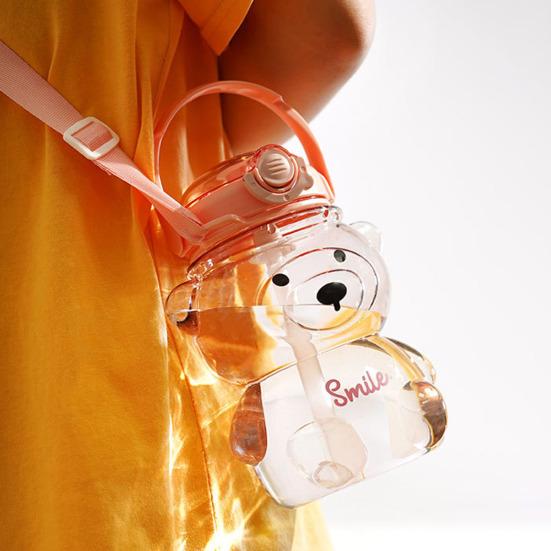 Bear Water Bottle with Straw 34oz BPA-Free Kids Tumbler Leak-Proof Cold Drink Cup Portable Drinkware with Adjustable Strap