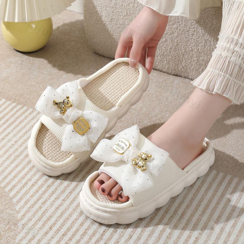 Fashion 2025 Summer Linen Women Slippers Home Slippers Comfortable Thick Sole Platform Ladies Fashion Bowknot Indoor Slipper Wholesale