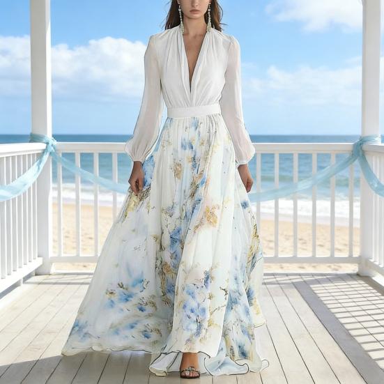 Dámské šifonové šaty s dlouhým rukávem, květinový potisk, hluboký výstřih do V, splývavé šaty áčkového střihu, šaty pro hosty na jarní svatbu