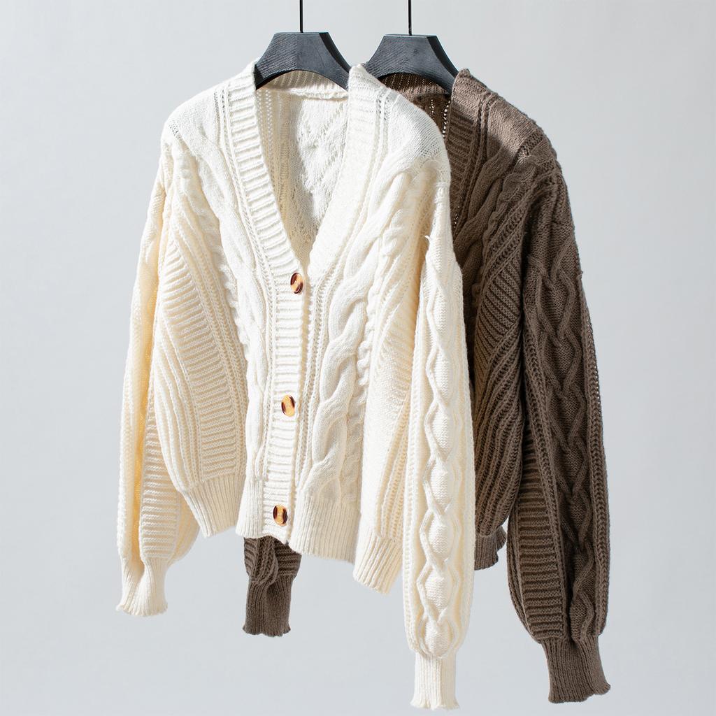 Retro Solid Color Cable Knitted Cardigan Women's Autumn Loose Button Open Cardigan Sweater Jacket