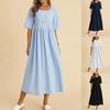 Women Fashion Solid Color Dress Large Loose Cotton Linen Round Neck Midi Dress Five Piece Sleeves