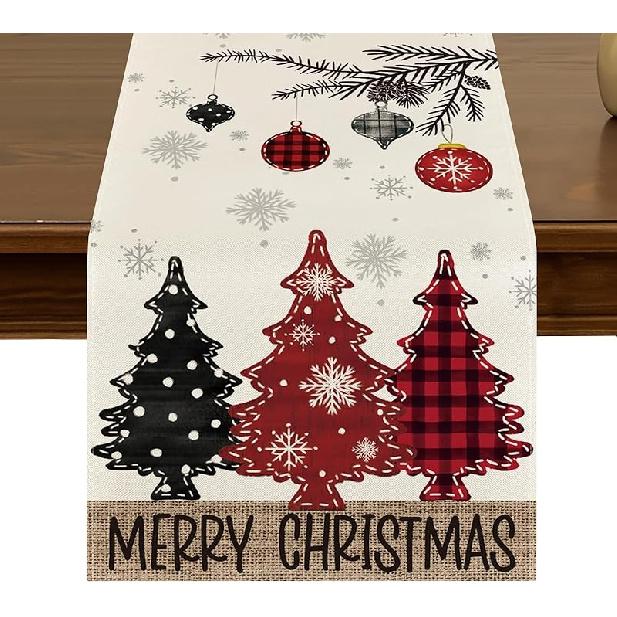 Pine Trees Merry Christmas Table Runner 13x72 Inch Black White Buffalo Plaid Winter Xmas Kitchen Dining Table Decor for Indoor Outdoor Farmhouse Home Style B