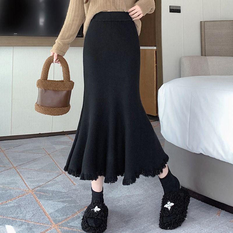 

Черная полуюбка с высокой талией для осени и зимы, новая вязаная женская юбка-рыбий хвост грушевидной формы с кисточками, облегающего кроя и юбка с запахом на бедрах. One Size чёрный